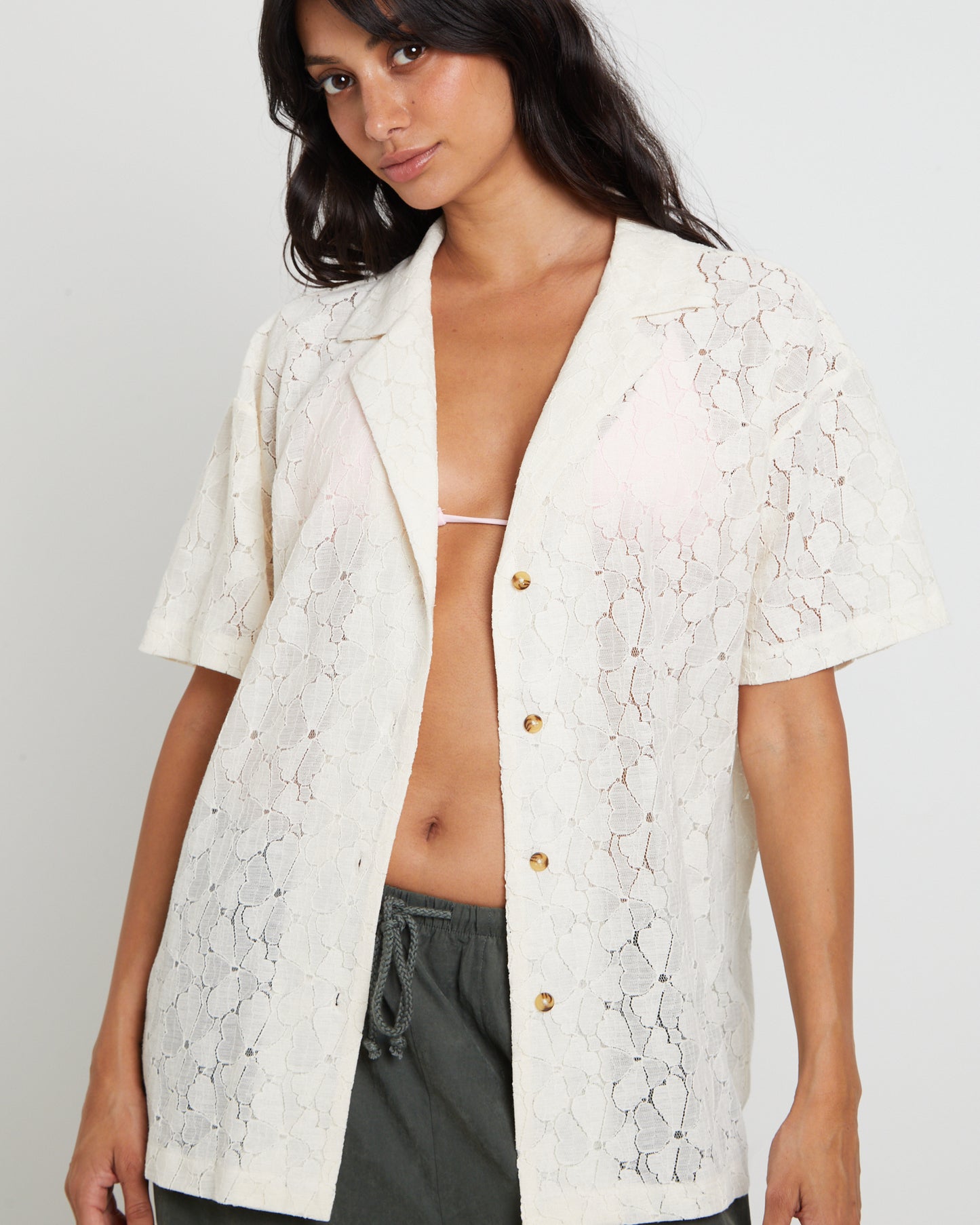 Fade Lace Short Sleeve Shirt in Cream