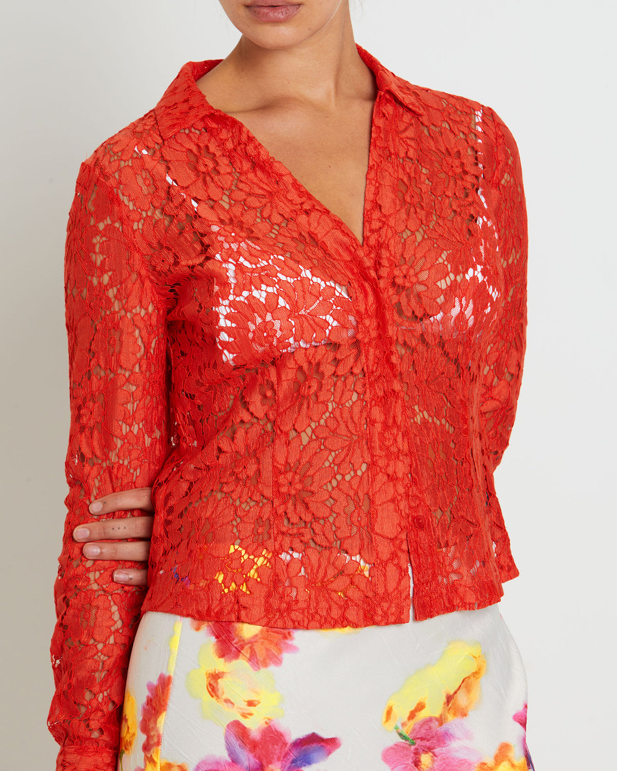 Pip Sheer Lace Long Sleeve Shirt CORAL